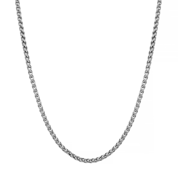 A silver-toned metal chain necklace shown against a plain white background.