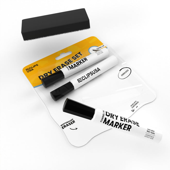 Wholesale Dry Erase Marker Set - Set Of 3  Chisel-Tip Markers With Eraser in Black - Bulk Case of 40 Sets