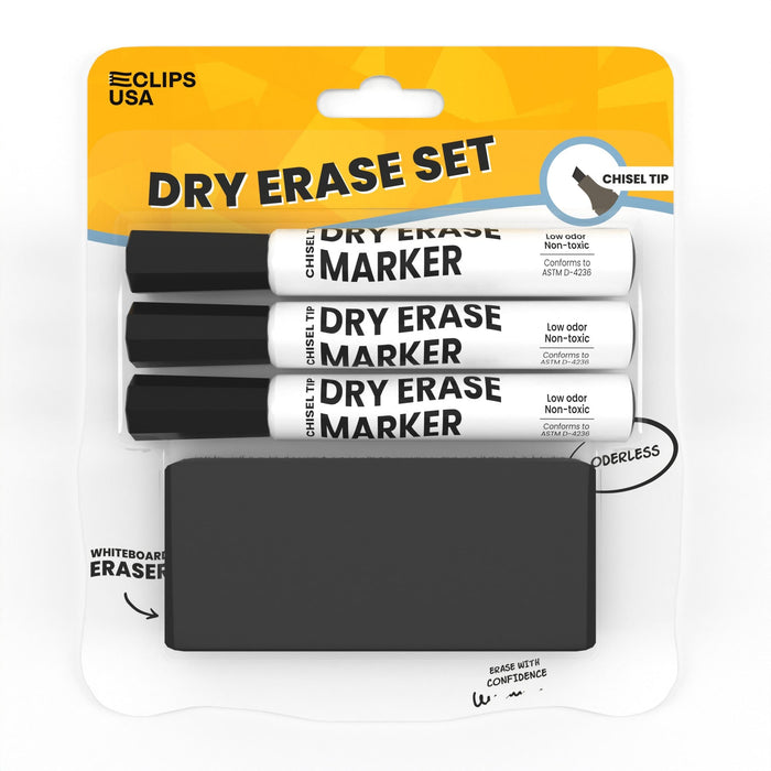 Wholesale Dry Erase Marker Set - Set Of 3  Chisel-Tip Markers With Eraser in Black - Bulk Case of 40 Sets