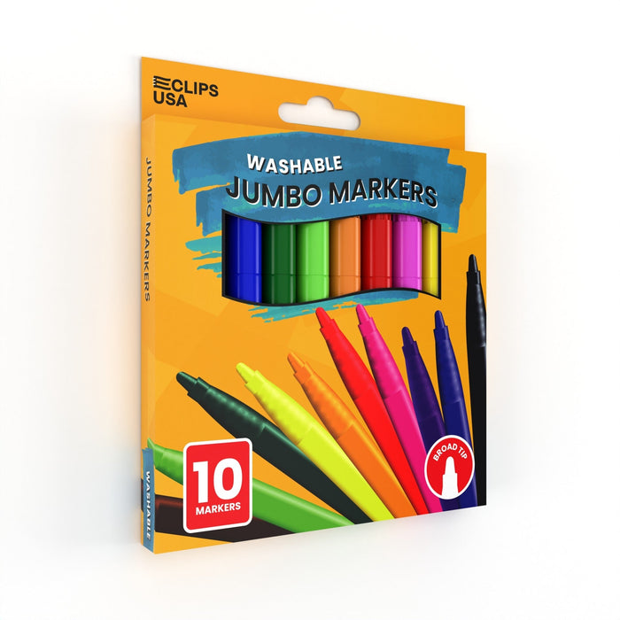 Wholesale Jumbo Washable Markers - 10 Pack Broad Tip Assorted Colors - Bulk Case of 48 Packs