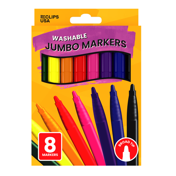 Wholesale Jumbo Washable Markers - 8 Pack Broad Tip Assorted Colors - Bulk Case of 48 Packs