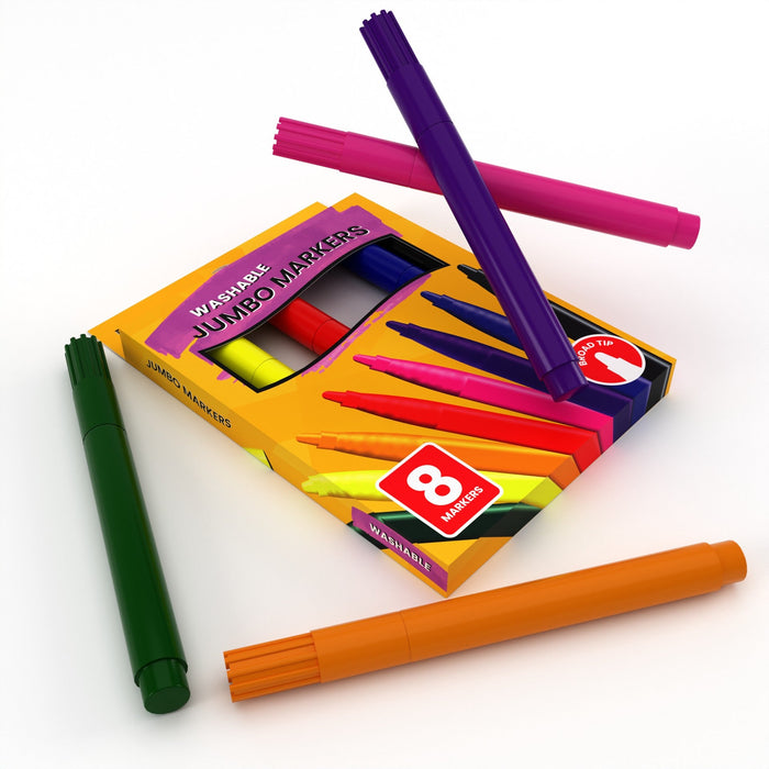 Wholesale Jumbo Washable Markers - 8 Pack Broad Tip Assorted Colors - Bulk Case of 48 Packs