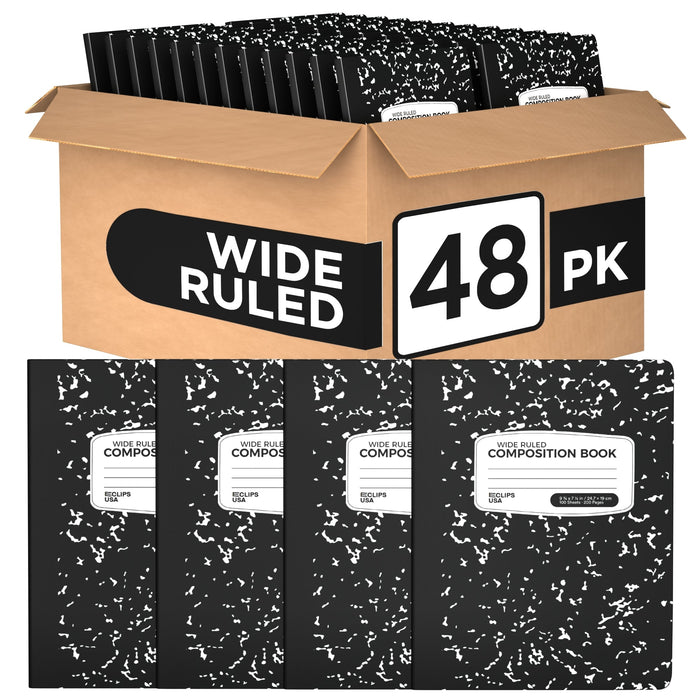 Wholesale Wide Ruled Composition Notebooks in Black - Bulk Case of 48 Notebooks