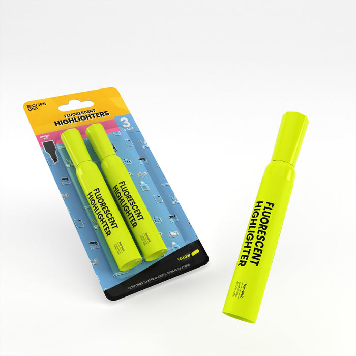 Wholesale Yellow Highlighters | Chisel Tip | 3 Pack - 36 Packs / Case - 108 Total Highlighters