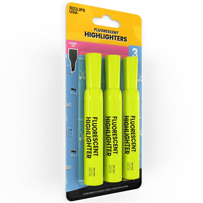 Wholesale Yellow Highlighters | Chisel Tip | 3 Pack - 36 Packs / Case - 108 Total Highlighters