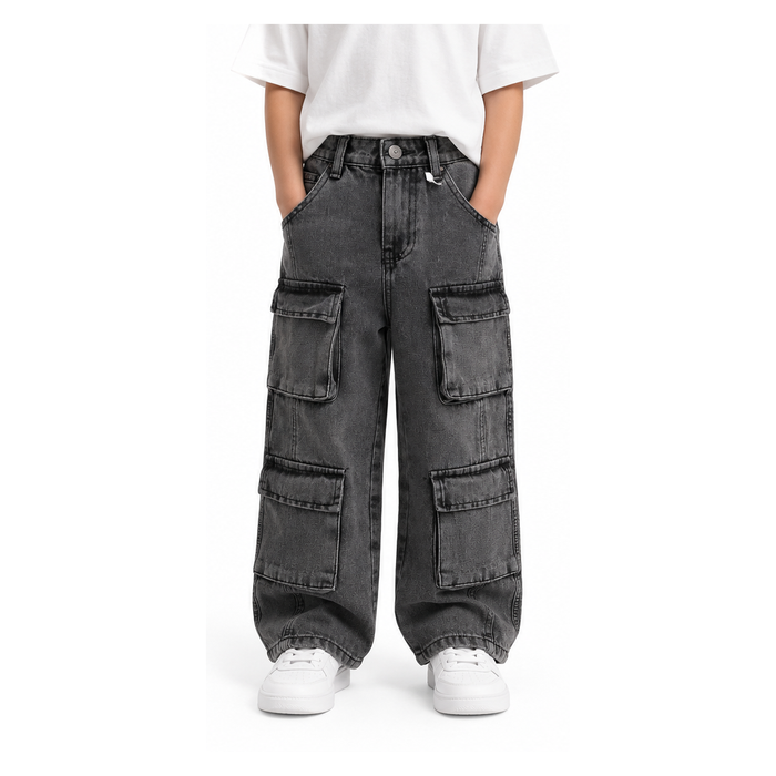 Wide-leg cargo jeans with multiple utility pockets