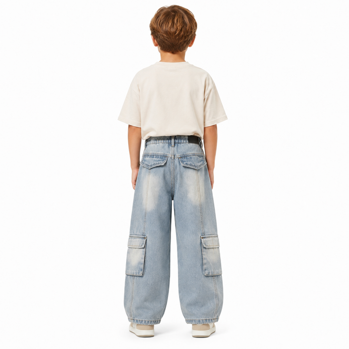 Wide-leg cargo jeans with multiple utility pockets