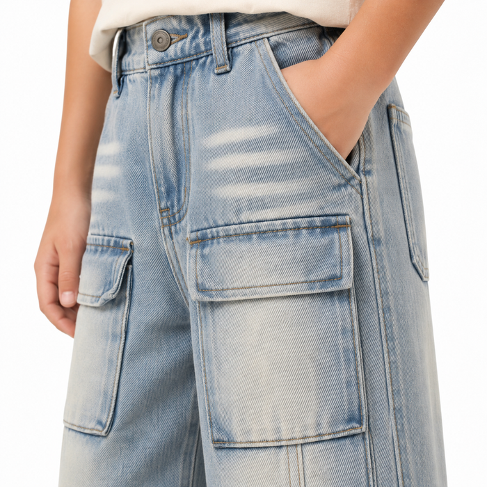 Wide-leg cargo jeans with multiple utility pockets
