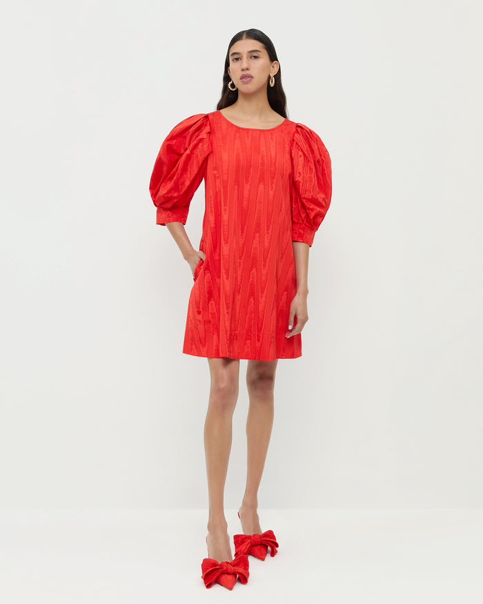 Willy Mini Dress in red moiré and Carmen Red Moiré Bow Heel.