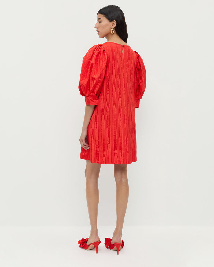 Willy Mini Dress in red moiré and Carmen Red Moiré Bow Heel.