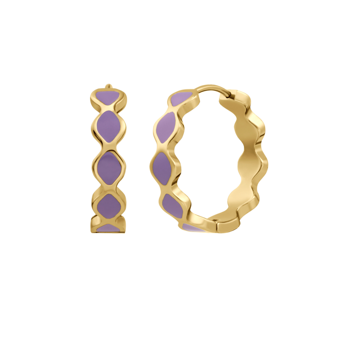 Gold hoop earrings with purple accents on a white background
