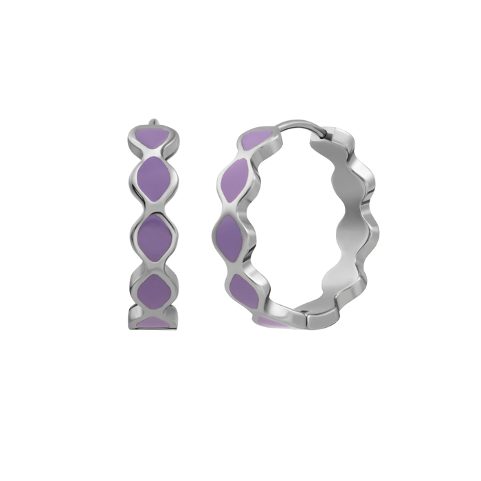 Silver hoop earrings with purple accents on a white background