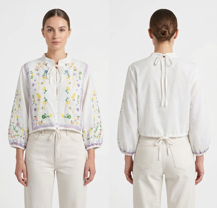 Woman Embroidered Tie Front Blouse