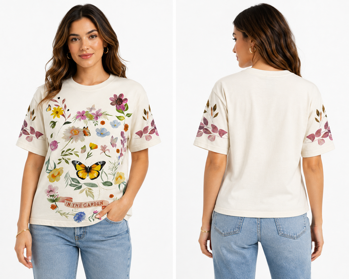 Woman Floral And Butterfly Graphic T Shirt In The Garden