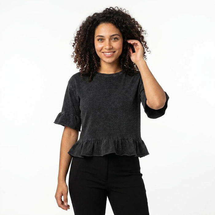 Girls Ruffle Hem Denim Top