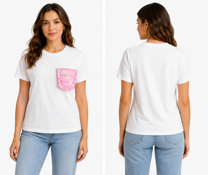 Woman Short Sleeve T Shirt With Decorative Front Pocket