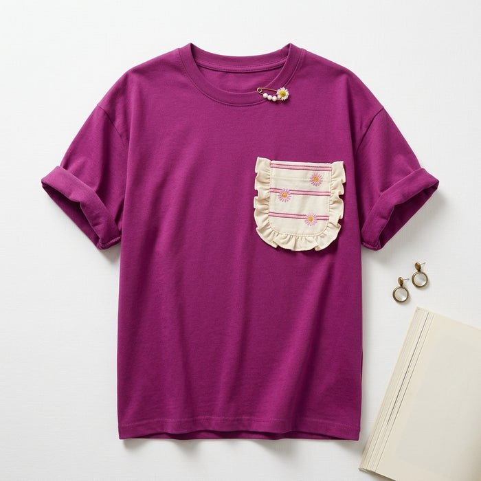 Girls Short Sleeve T Shirt With Decorative Front Pocket