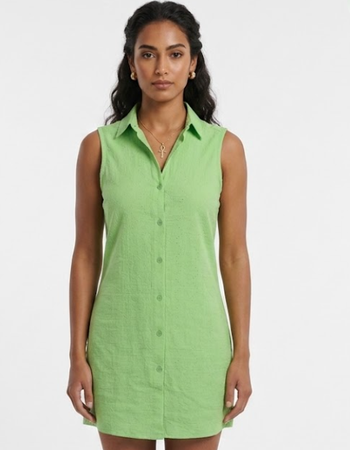 Woman Sleeveless Eyelet Shirt Dress