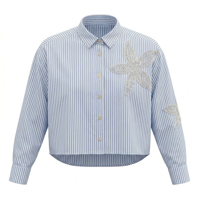 Girls Striped Floral Lace Cropped Shirt
