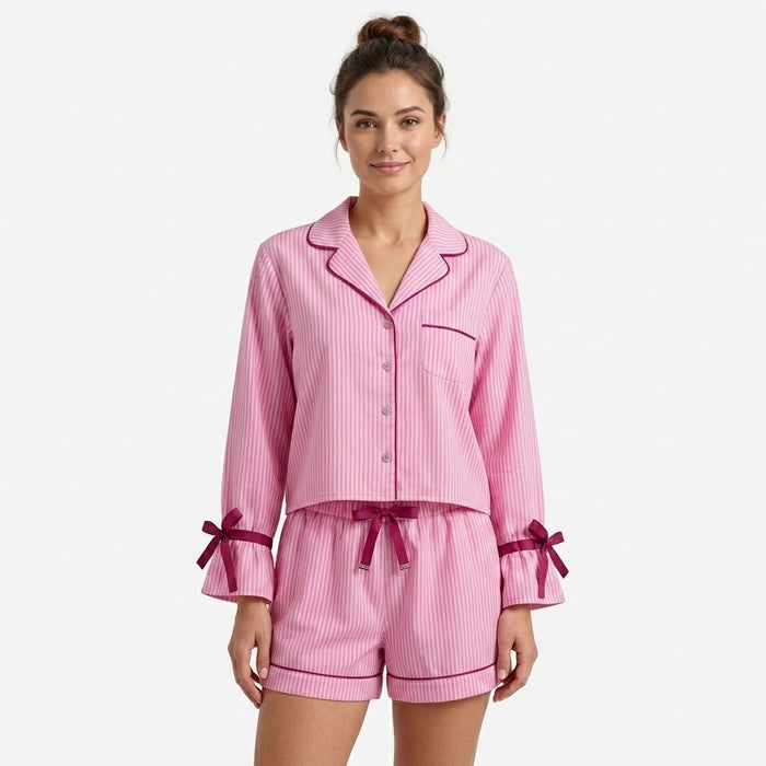 Woman Striped Long Sleeve Shirt And Shorts Set