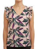 Woman Tropical Leaf Print Ruffle Sleeve Blouse
