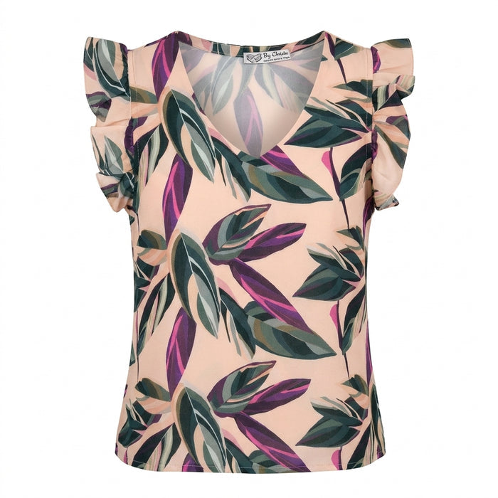 Girls Tropical Leaf Print Ruffle Sleeve Blouse