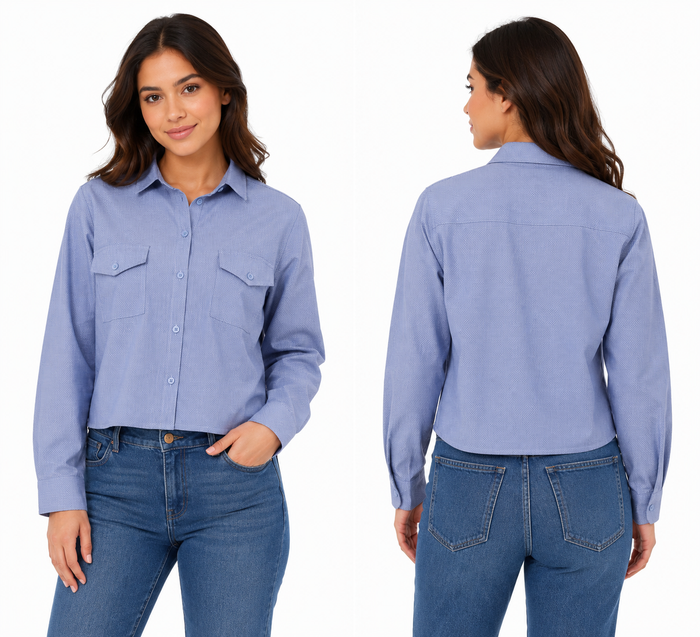 Woman Waffle Knit Long Sleeve Shirt With Chest Pocket
