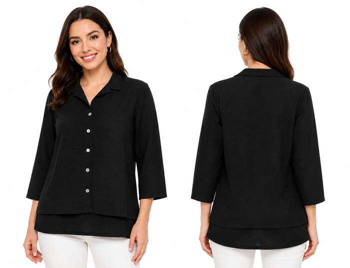Women 3 4 Sleeve Button Up Blouse