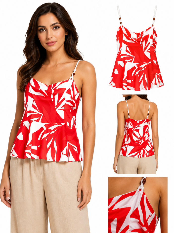 Women Abstract Print Braided Strap Peplum Top
