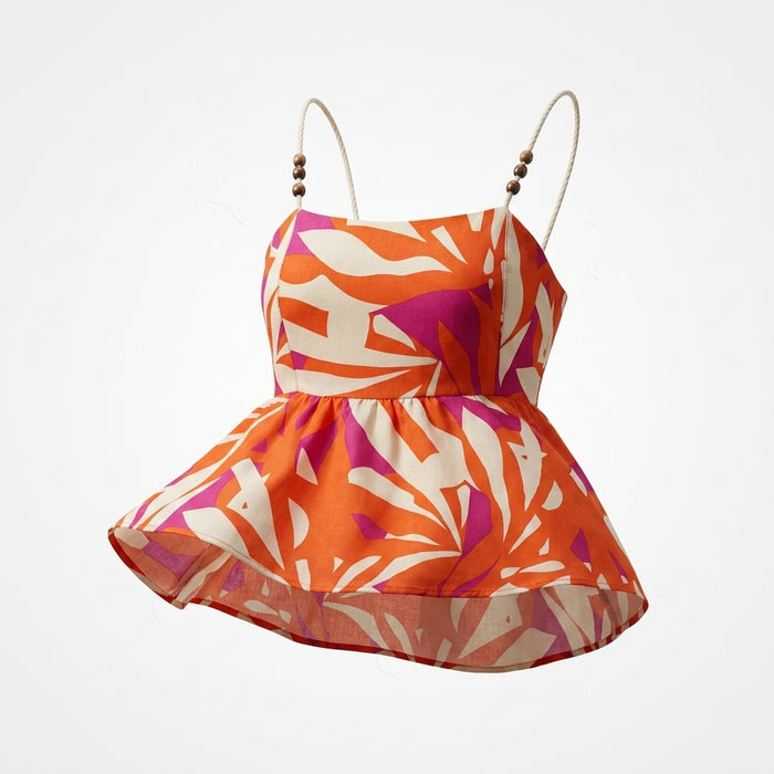 Women Abstract Print Braided Strap Peplum Top
