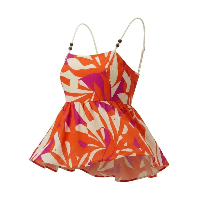 Women Abstract Print Braided Strap Peplum Top