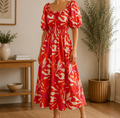 Women Abstract Print Smocked Midi Dress