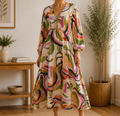 Women Abstract Print Tassel Tie Maxi Dress