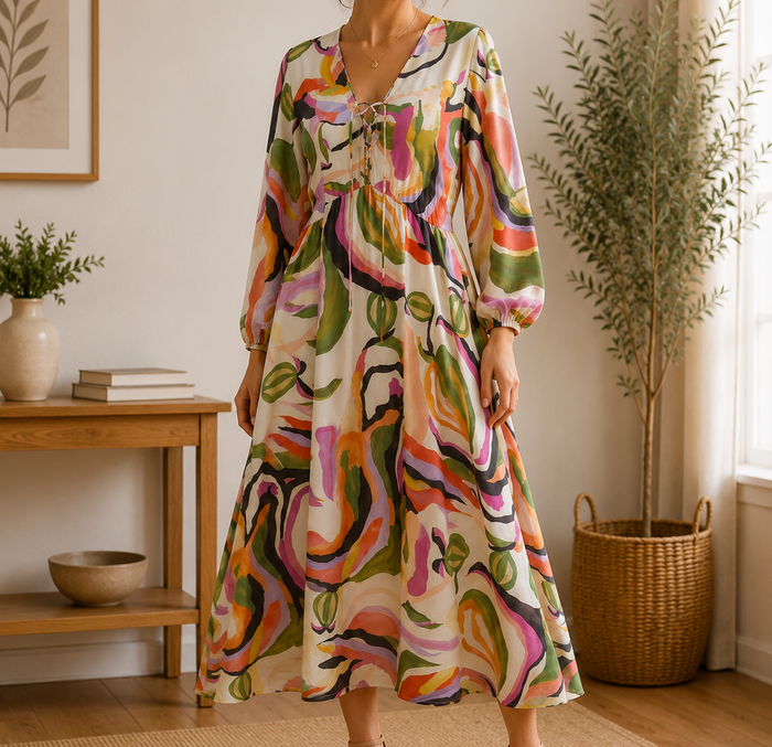 Women Abstract Print Tassel Tie Maxi Dress