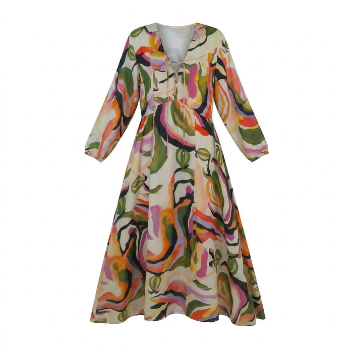 Women Abstract Print Tassel Tie Maxi Dress