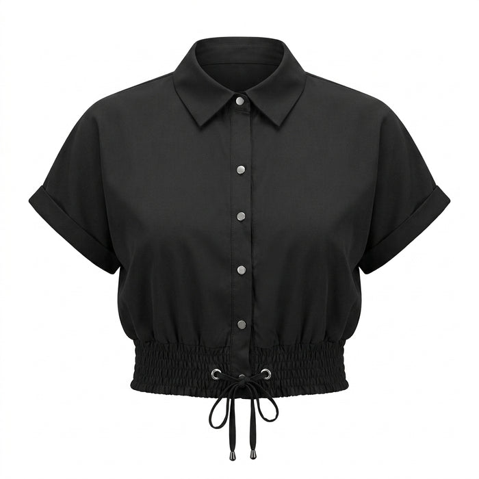 Women Cropped Drawstring Short Sleeve Shirt