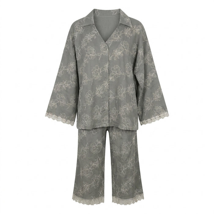 Women Floral Print Lace Trim Pajama Set