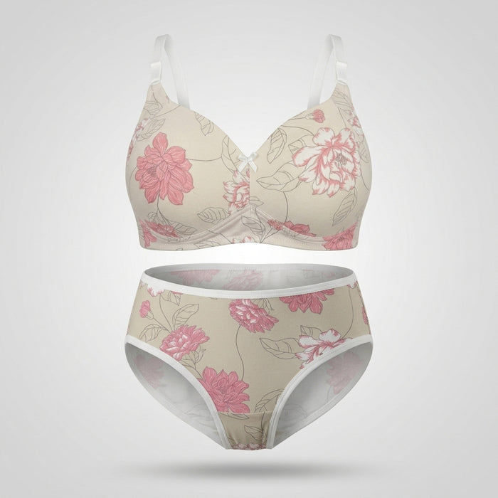 Women Floral Print Wire Free Lightly Padded Bra And Brief Set
