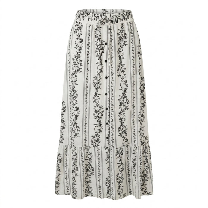 Women Floral Stripe Button Front Midi Skirt