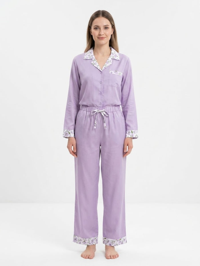 Women Floral Trim Long Sleeve Pajama Set