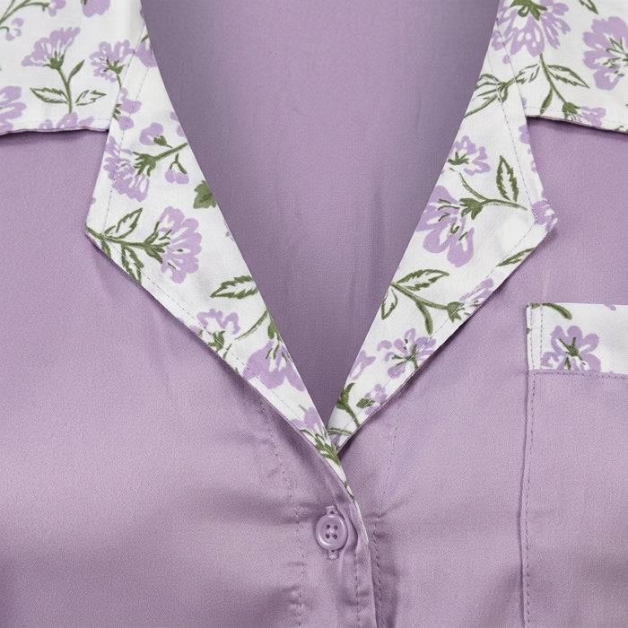 Women Floral Trim Long Sleeve Pajama Set