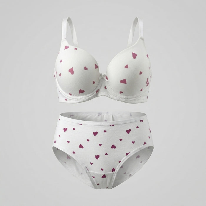 Women Heart Print Lightly Padded Bra And Brief Set