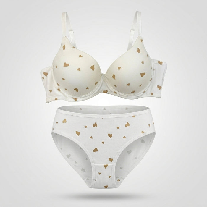 Women Heart Print Lightly Padded Bra And Brief Set