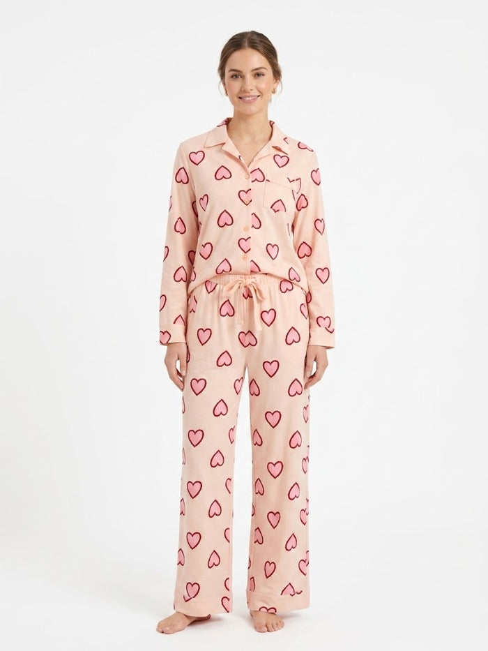 Women Heart Print Long Sleeve Pajama Set
