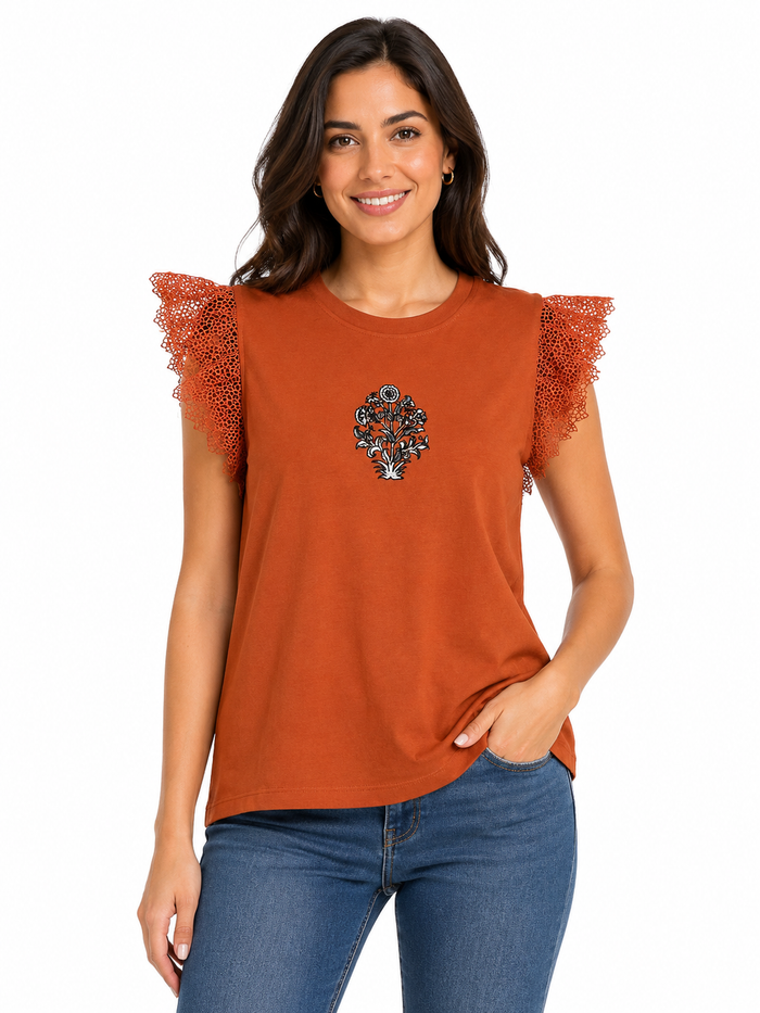 Women Lace Sleeve Embroidered Top