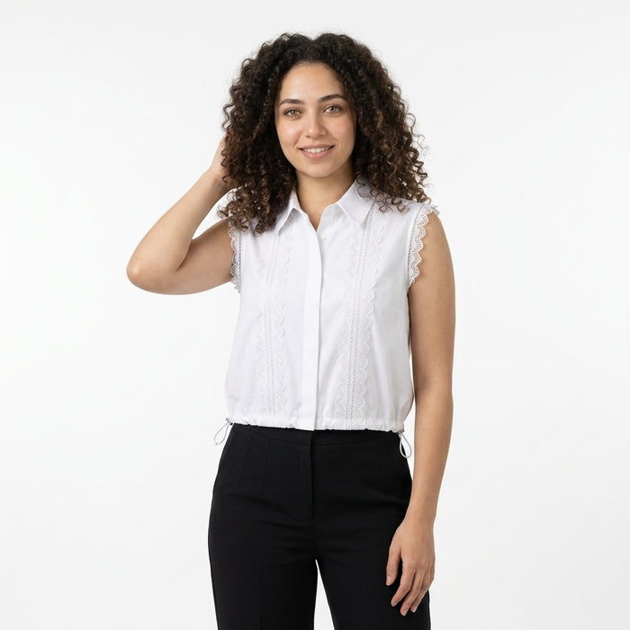 Women Lace Trim Sleeveless Collared Blouse