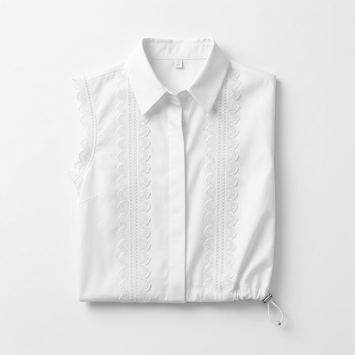 Women Lace Trim Sleeveless Collared Blouse