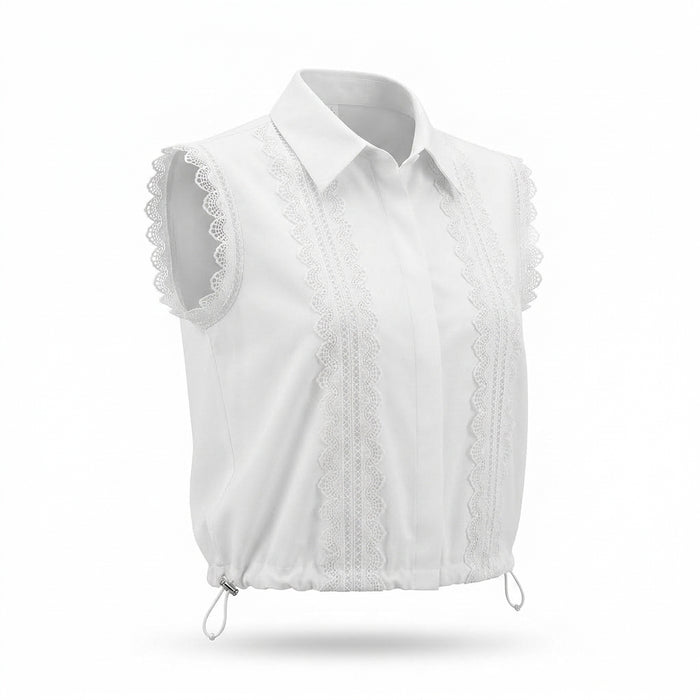 Women Lace Trim Sleeveless Collared Blouse