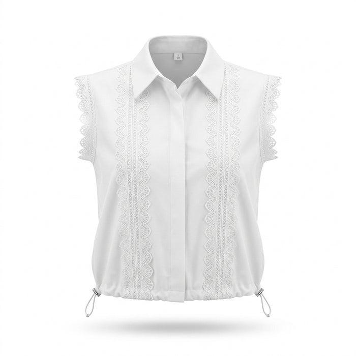 Women Lace Trim Sleeveless Collared Blouse