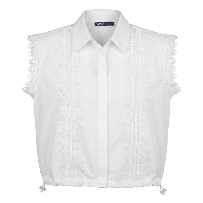 Women Lace Trim Sleeveless Collared Blouse